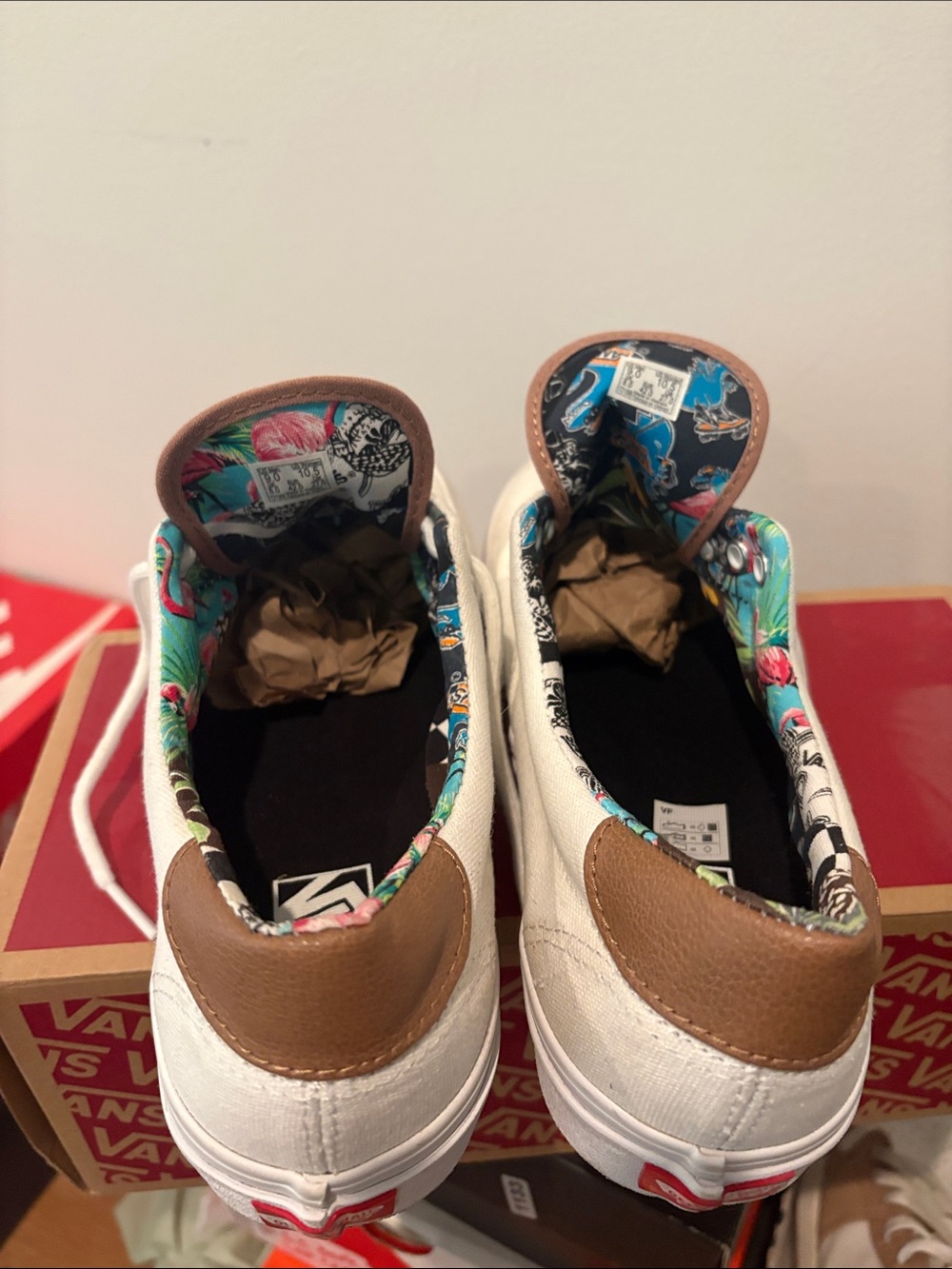 Vans Kids White Canvas Slip-On Sneakers with Brown Heel and Floral Lining